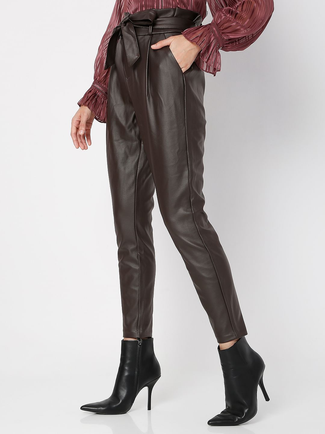 Brown High Rise Paperbag Pu Pants