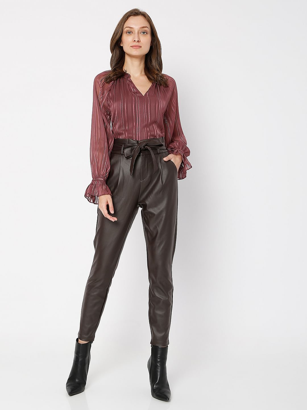 Brown High Rise Paperbag Pu Pants