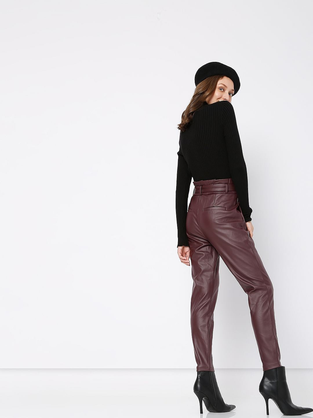 Burgundy Mid Rise Paperbag Pants
