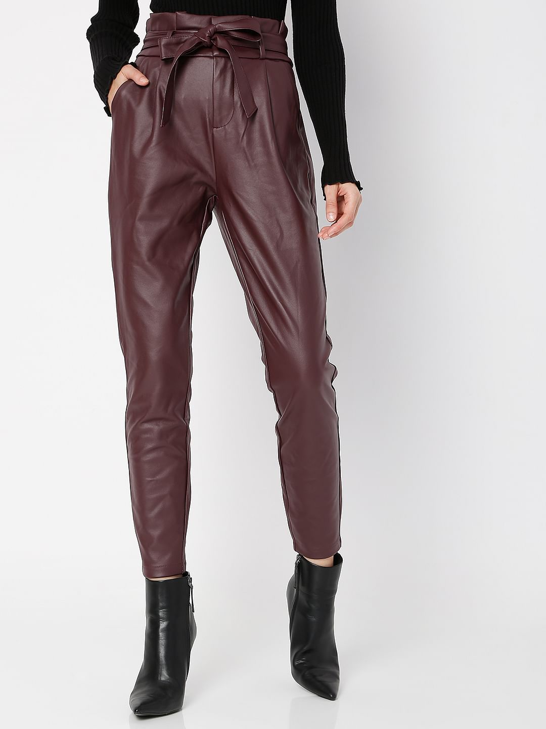 Burgundy Mid Rise Paperbag Pants
