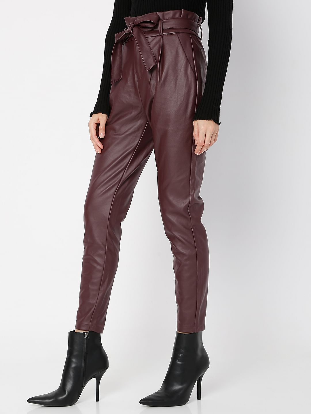 Burgundy Mid Rise Paperbag Pants