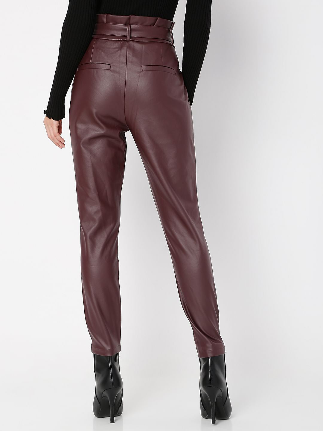 Burgundy Mid Rise Paperbag Pants