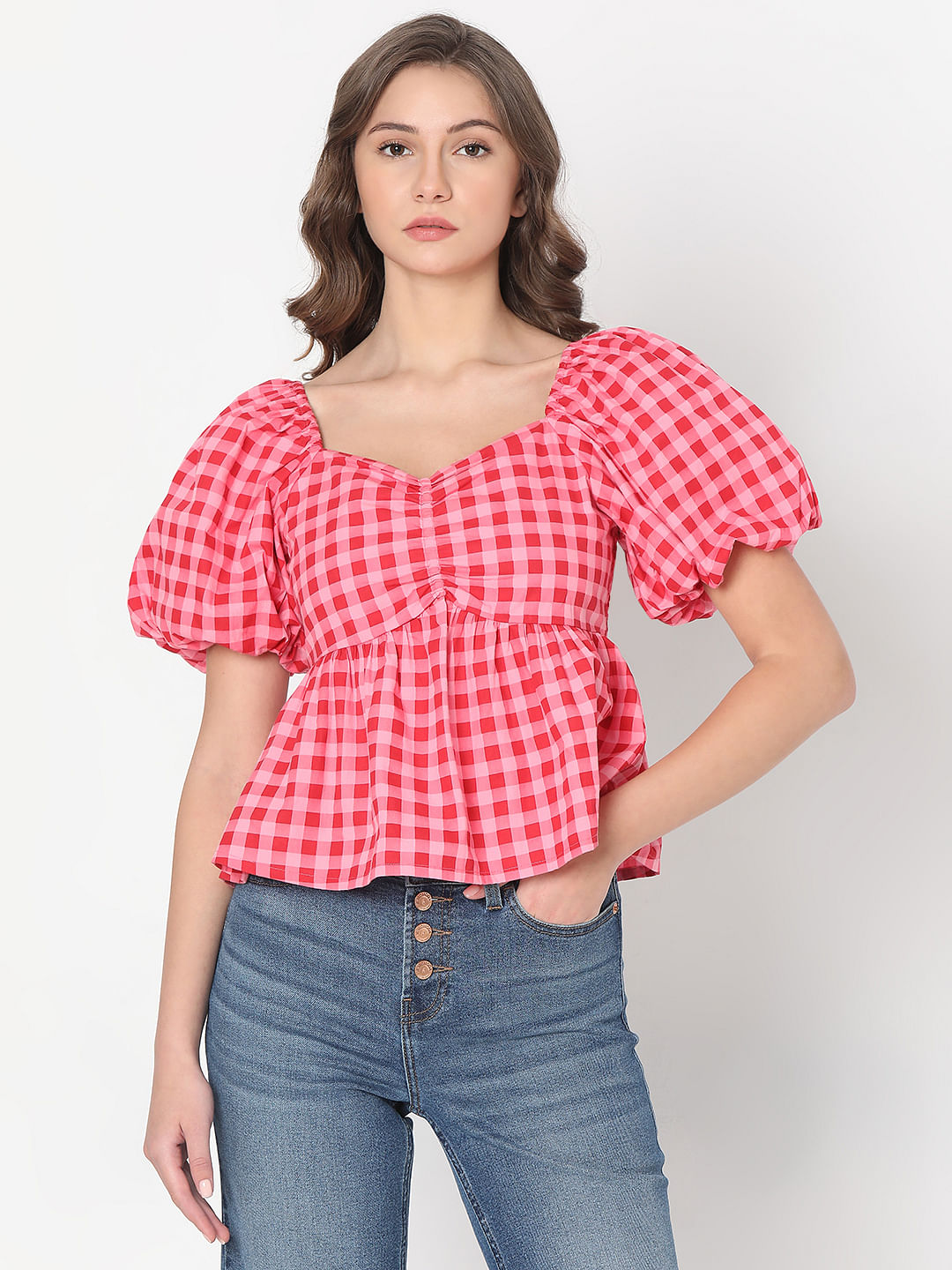 Pink Check Peplum Top