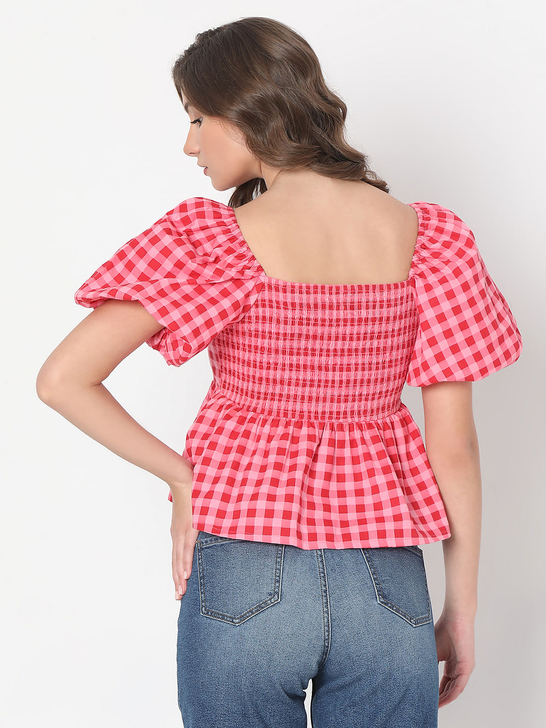 Pink Check Peplum Top