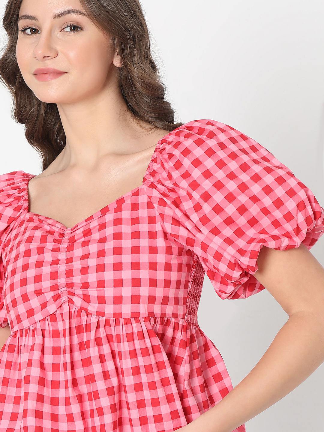 Pink Check Peplum Top