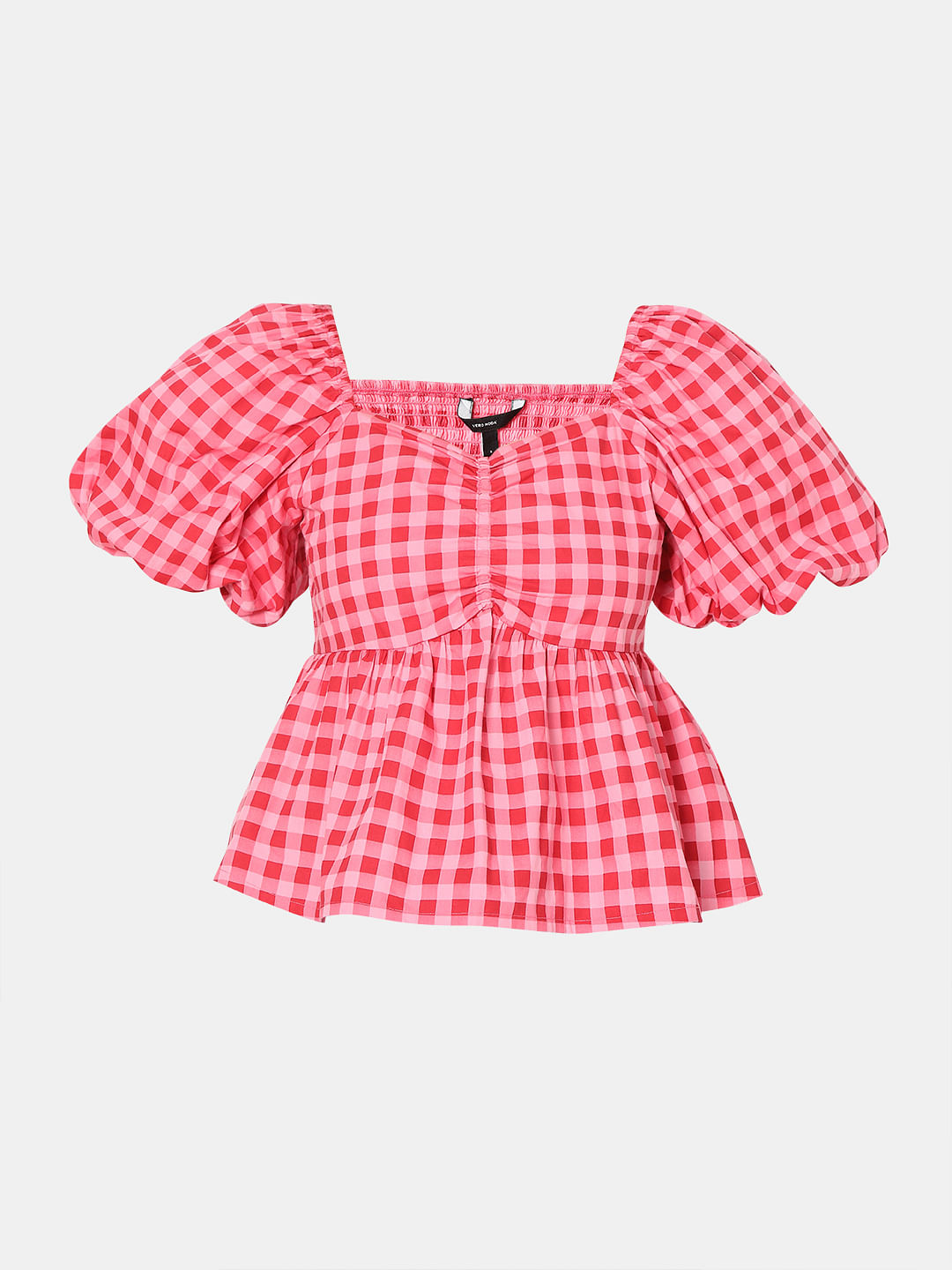 Pink Check Peplum Top