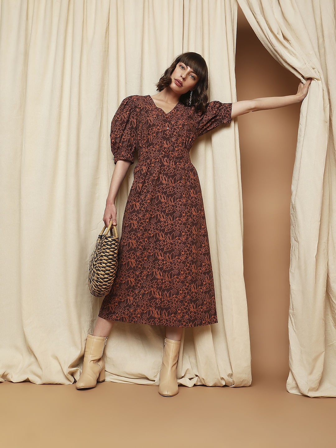 Brown Floral Midi Dress