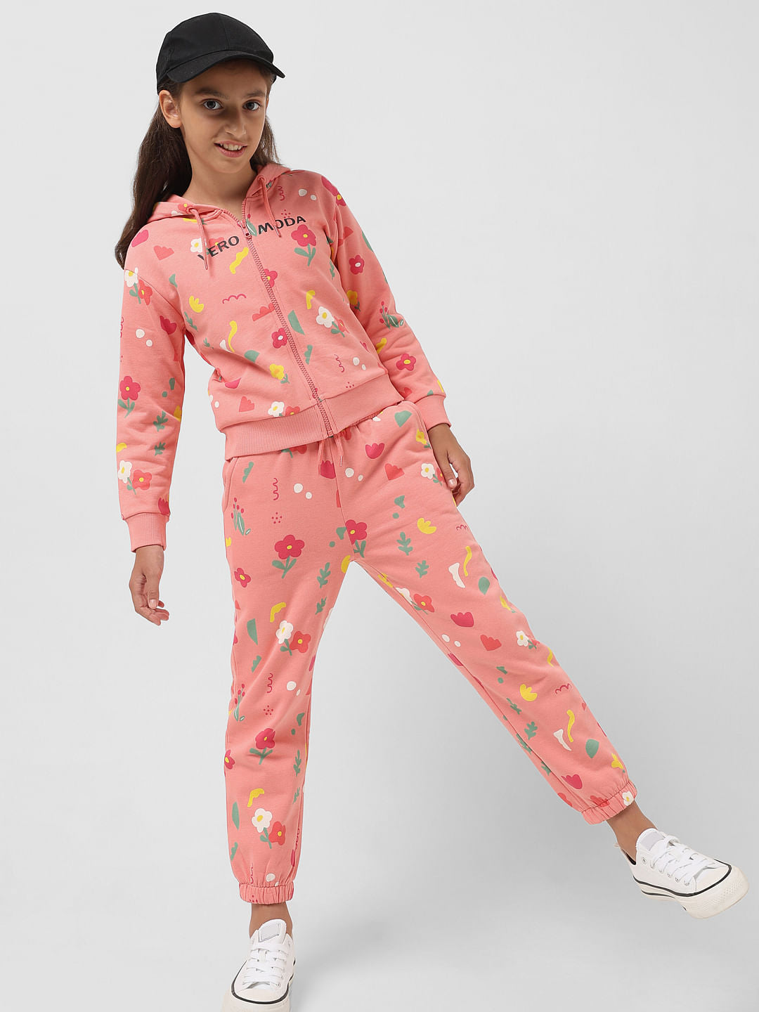 Girl Peach Mid Rise Abstract Print Sweatpants - 5/6Y