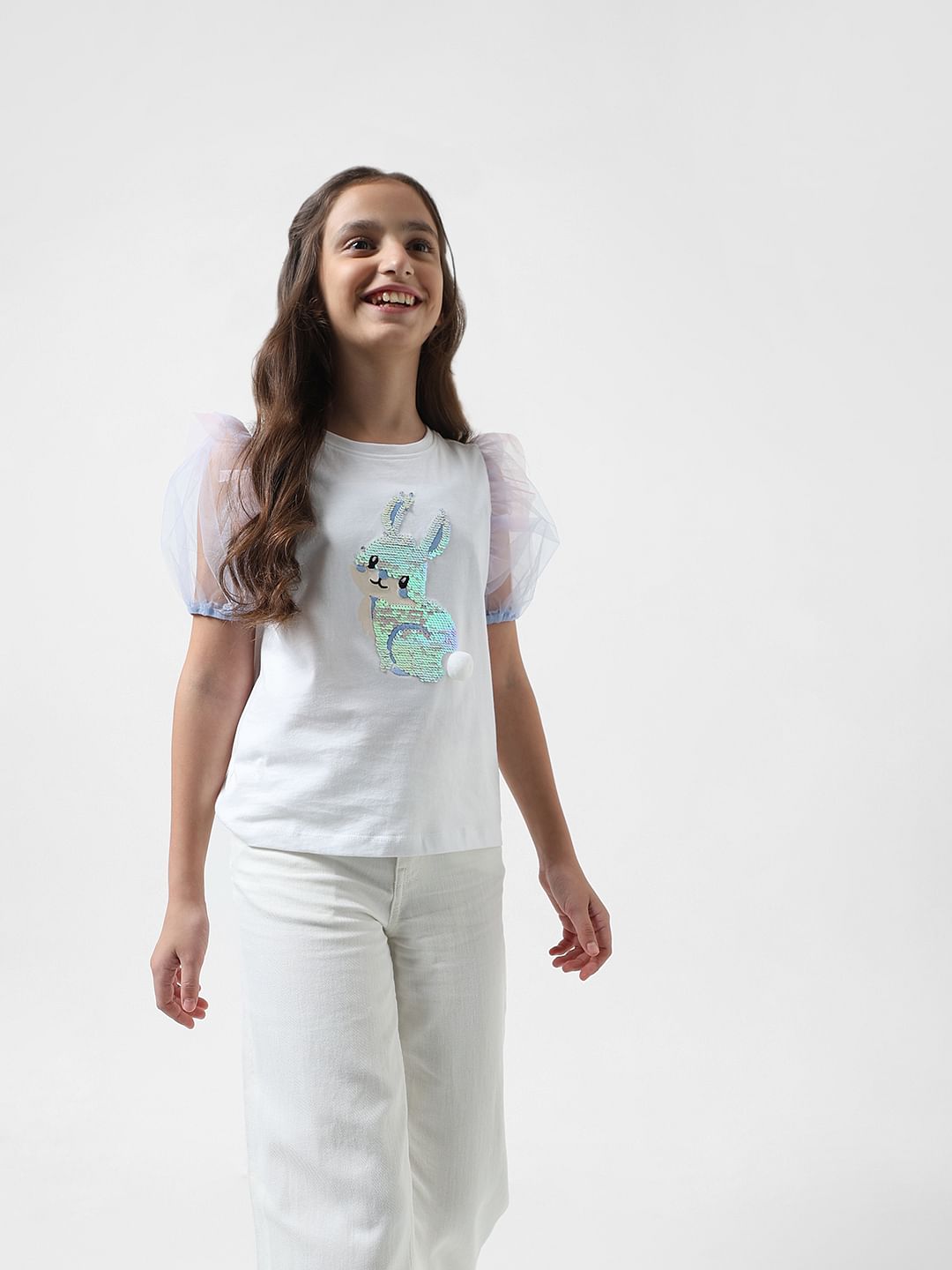 Girl White Sequin Graphic T-Shirt