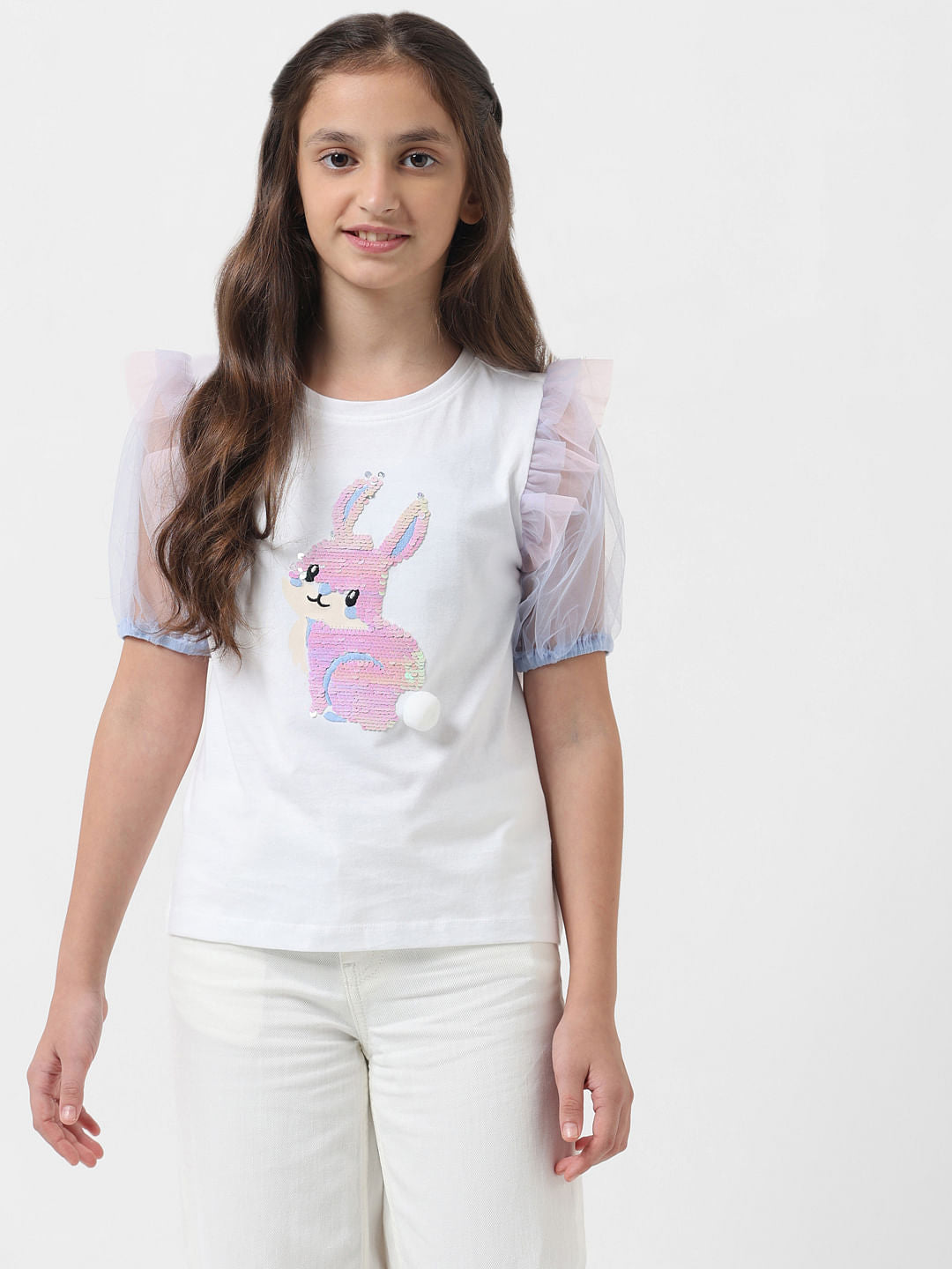 Girl White Sequin Graphic T-Shirt