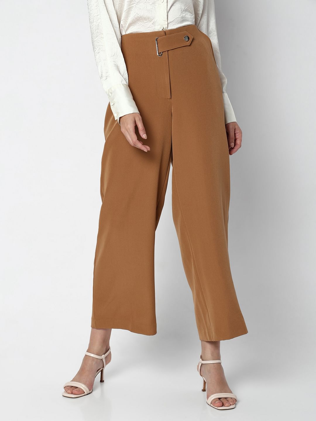 Brown Mid Rise Wide Leg Pants