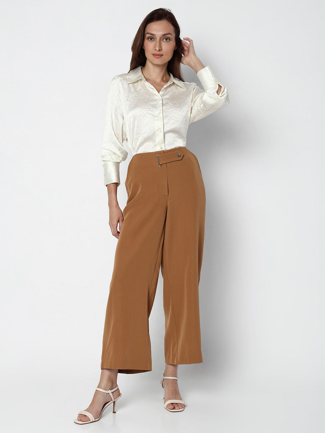 Brown Mid Rise Wide Leg Pants