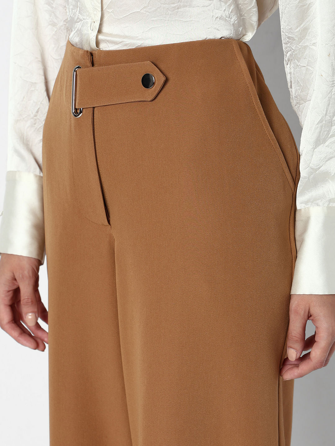 Brown Mid Rise Wide Leg Pants