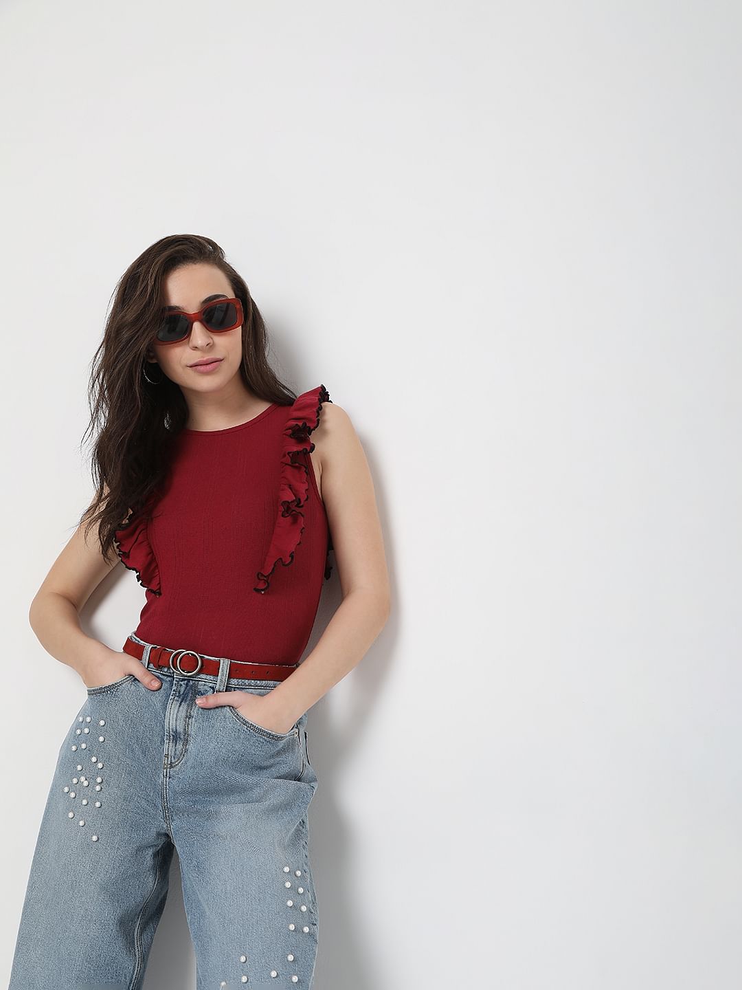 Red Ruffle Detail Top