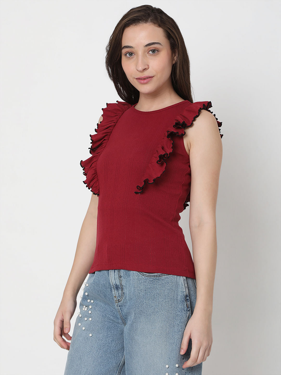 Red Ruffle Detail Top