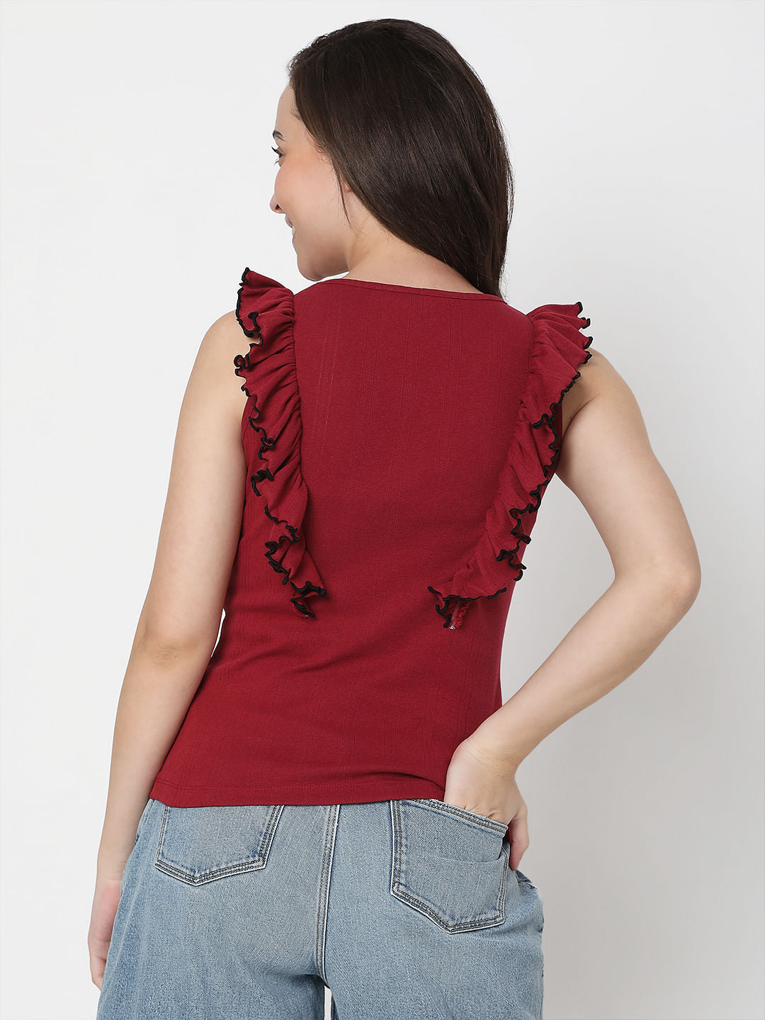 Red Ruffle Detail Top