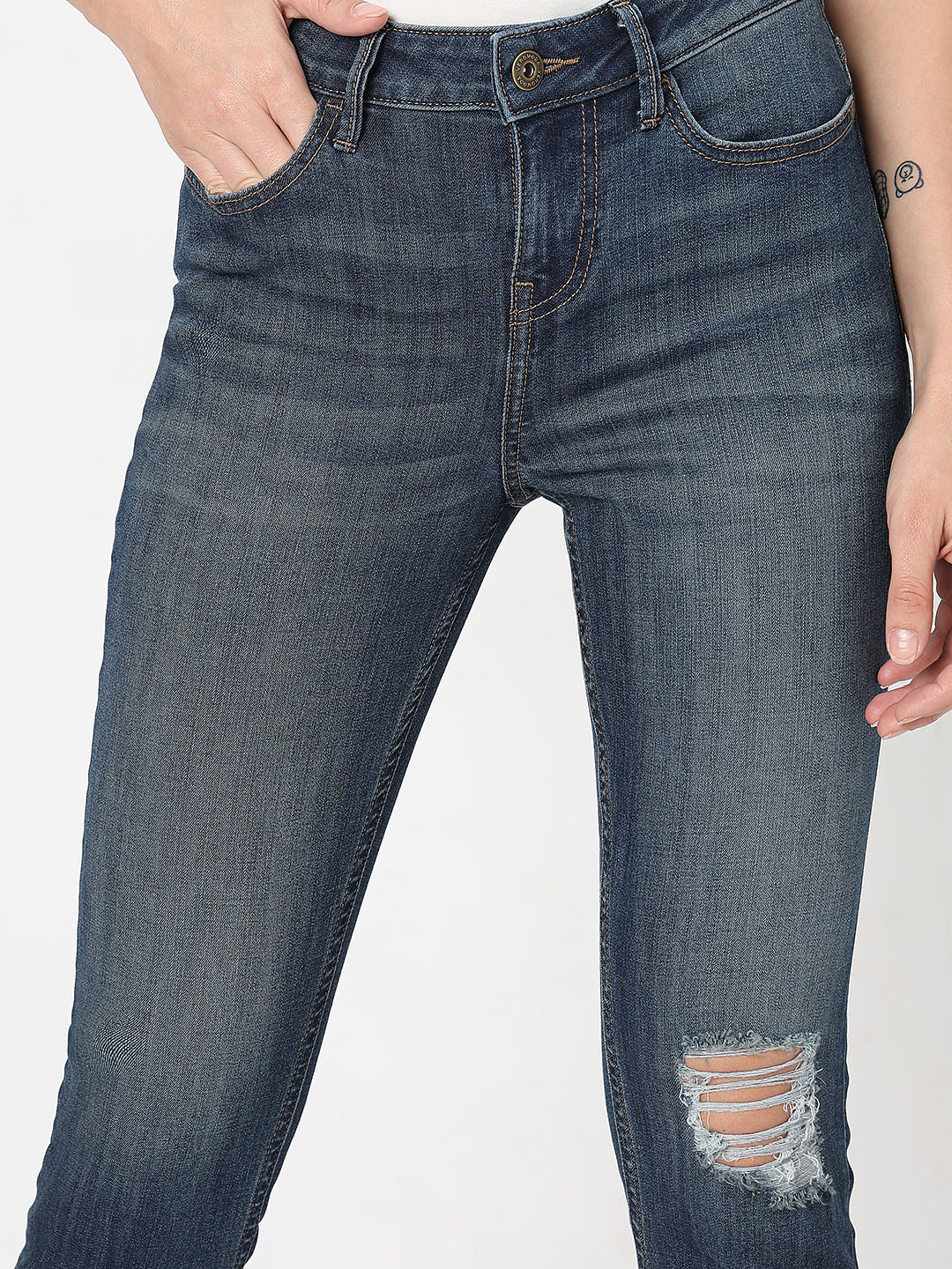 Blue Mid Rise Distressed Wendy Skinny Jeans