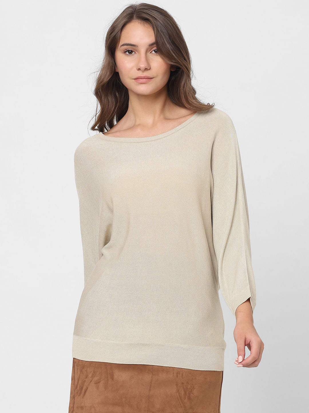 Beige Batwing Sleeves Knit Top