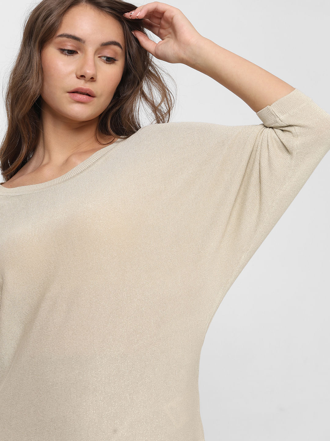 Beige Batwing Sleeves Knit Top
