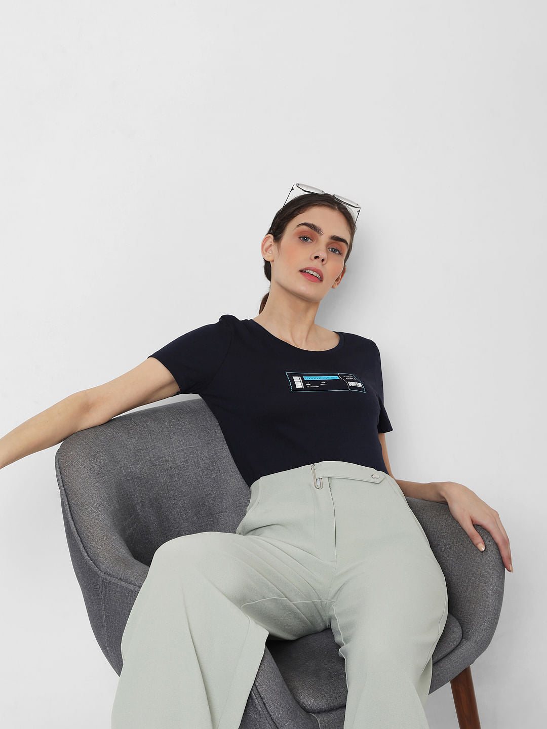 Blue Slogan Print Cropped T-Shirt