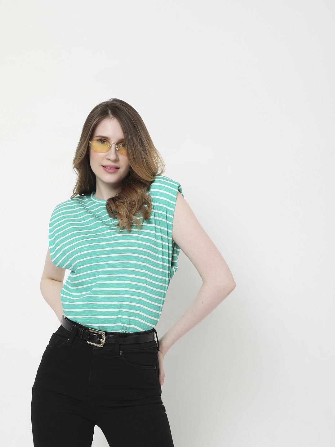 Green Striped Sleeveless T-Shirt