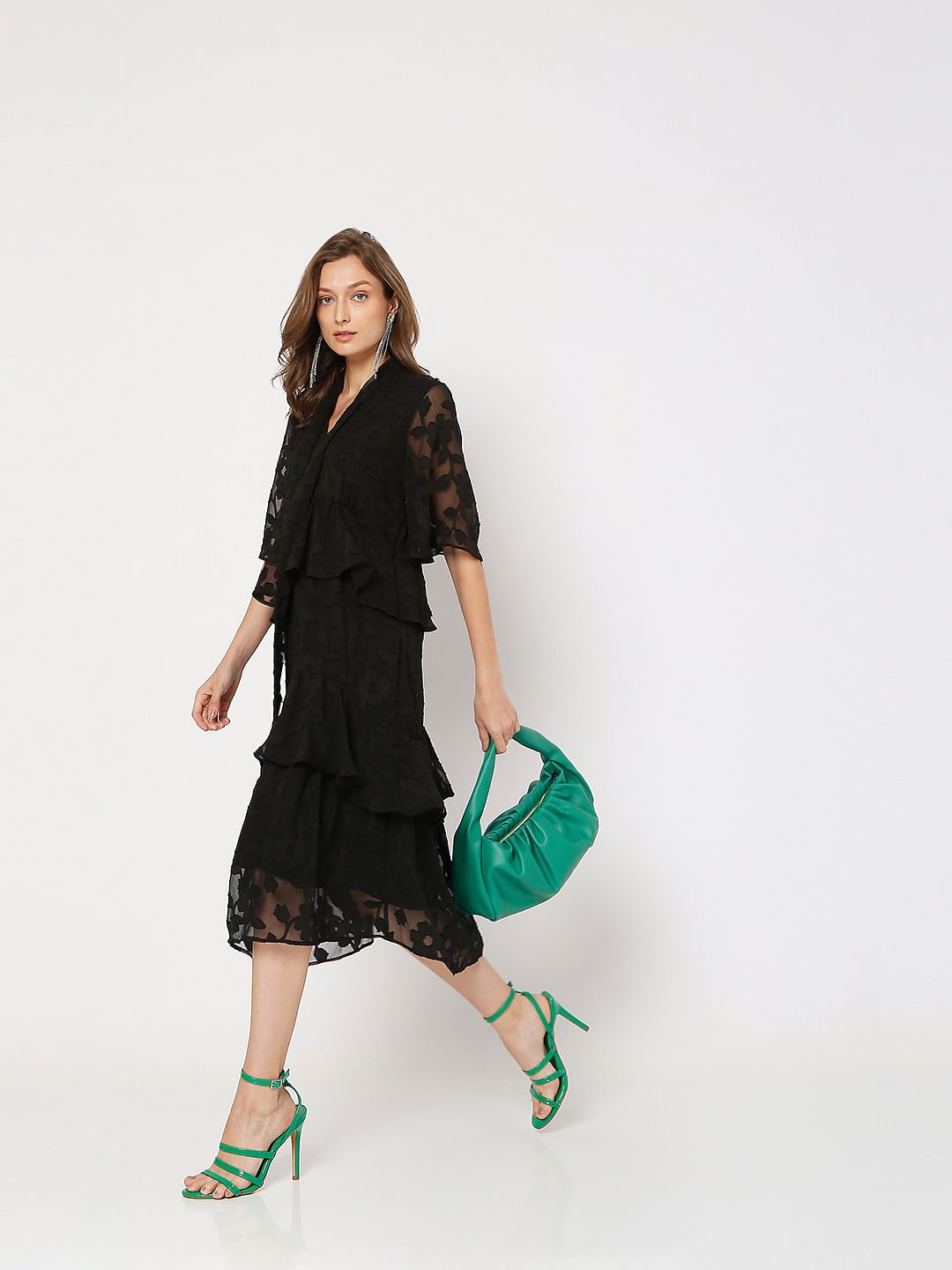 Black Burnout Print Midi Dress