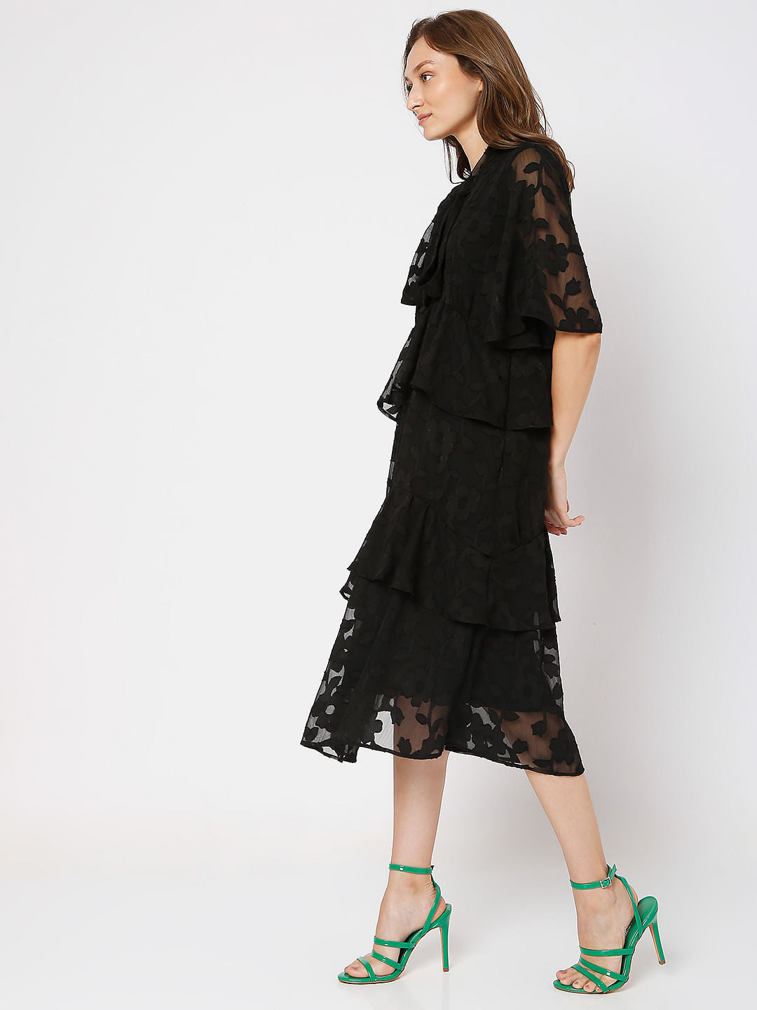 Black Burnout Print Midi Dress