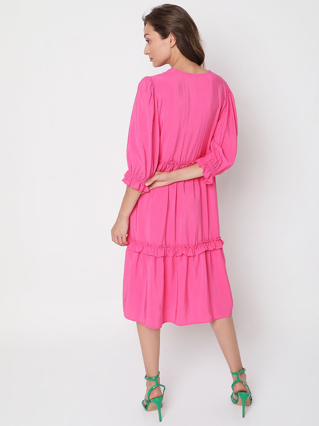 Pink Ruffle Tiered Midi Dress