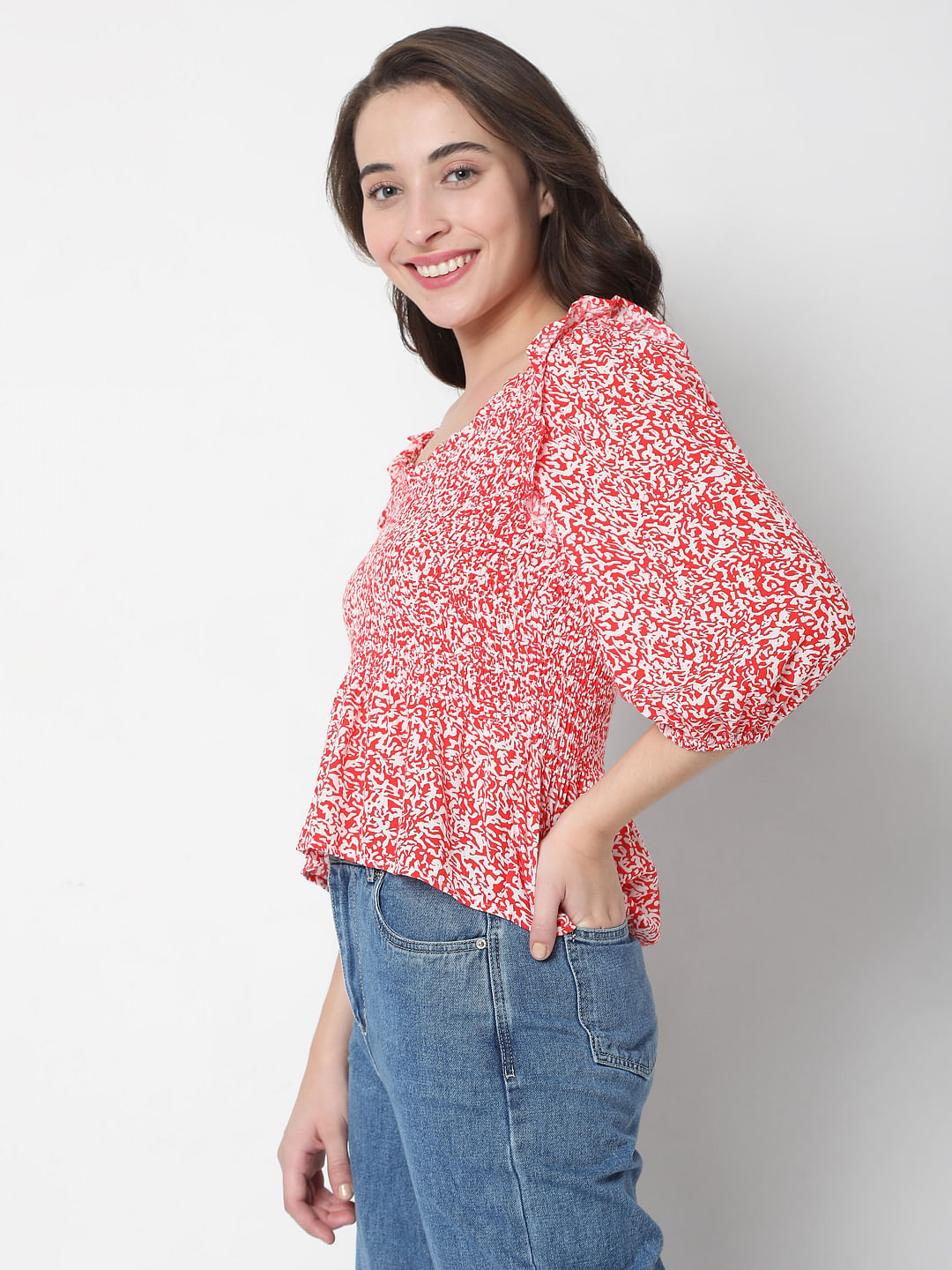 Red Printed Boat Neck Top