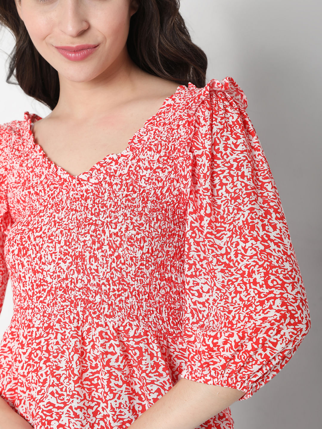 Red Printed Boat Neck Top