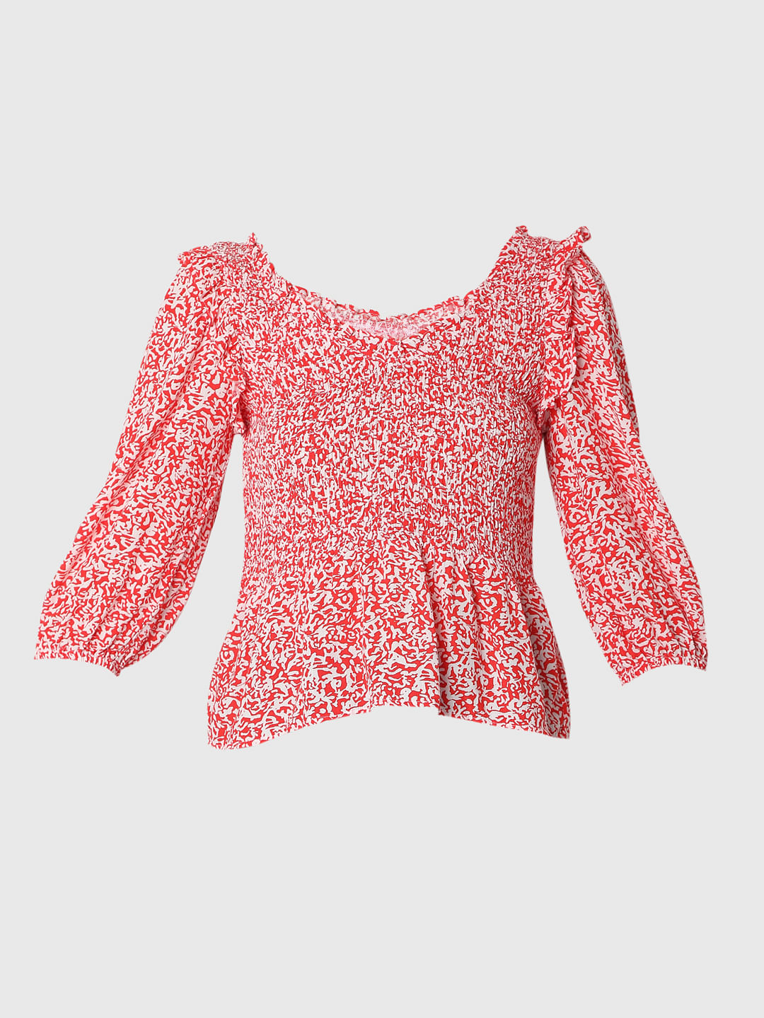 Red Printed Boat Neck Top