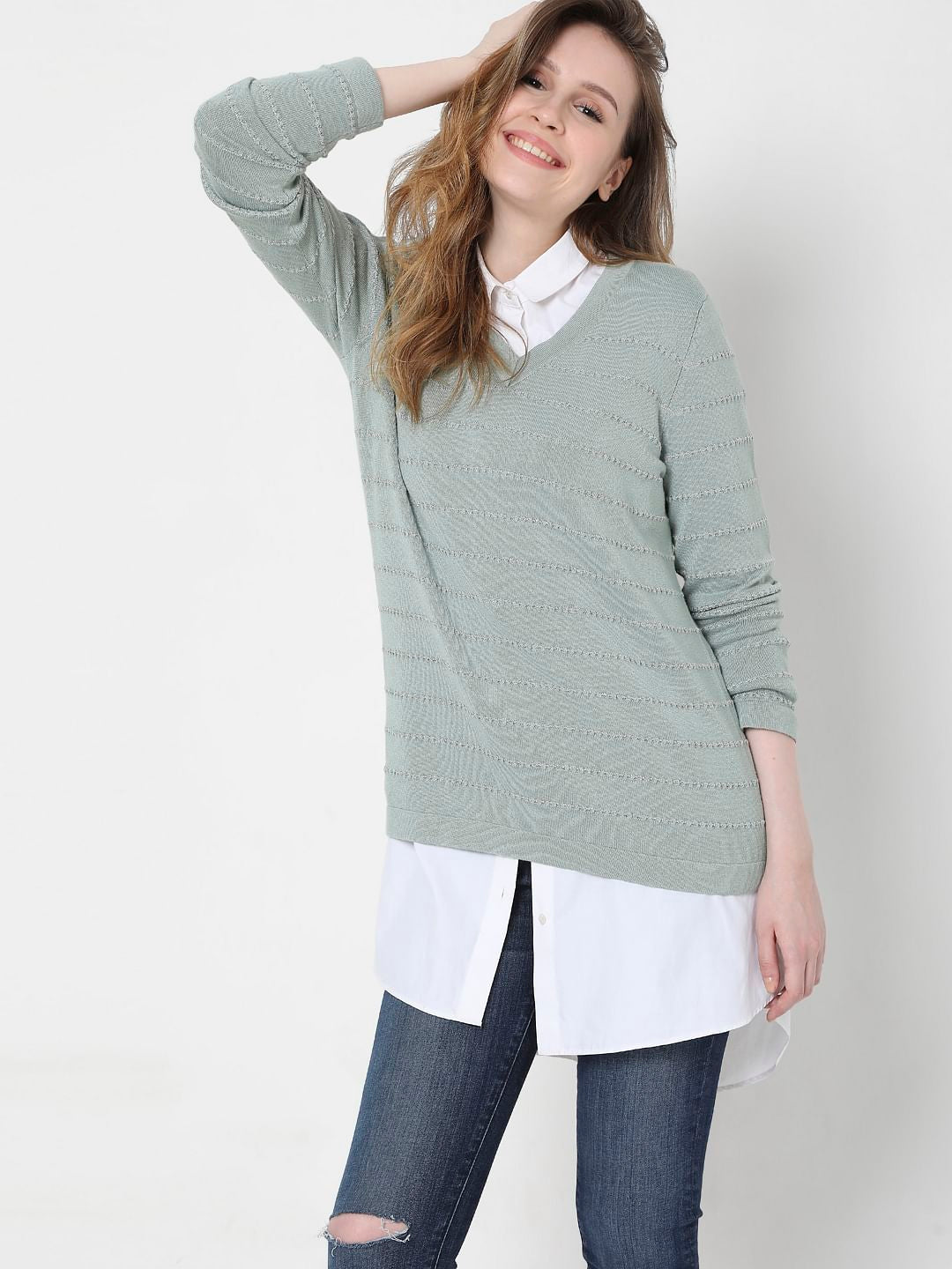 Green Textured Striped Pullover