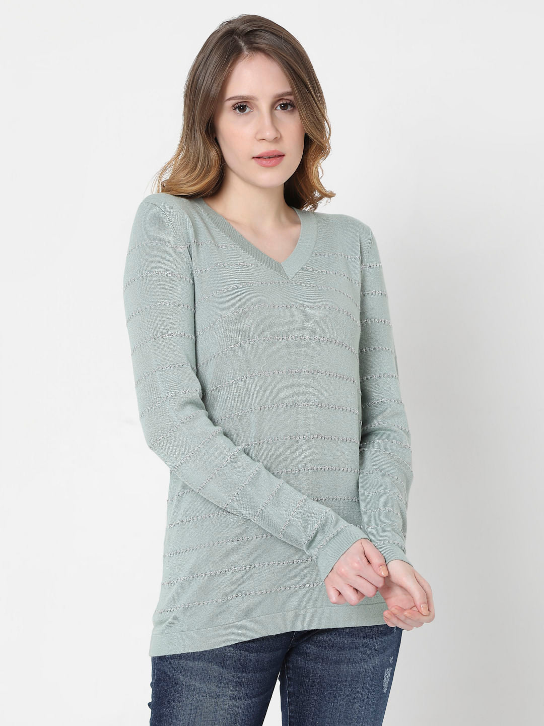 Green Textured Striped Pullover