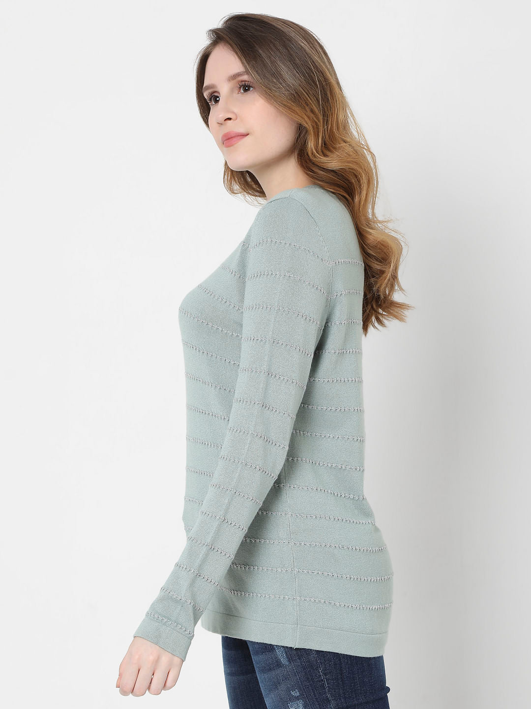 Green Textured Striped Pullover