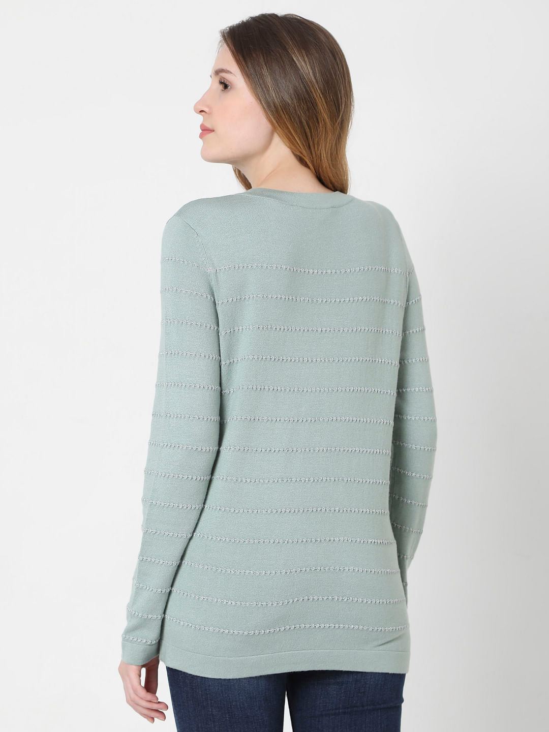Green Textured Striped Pullover