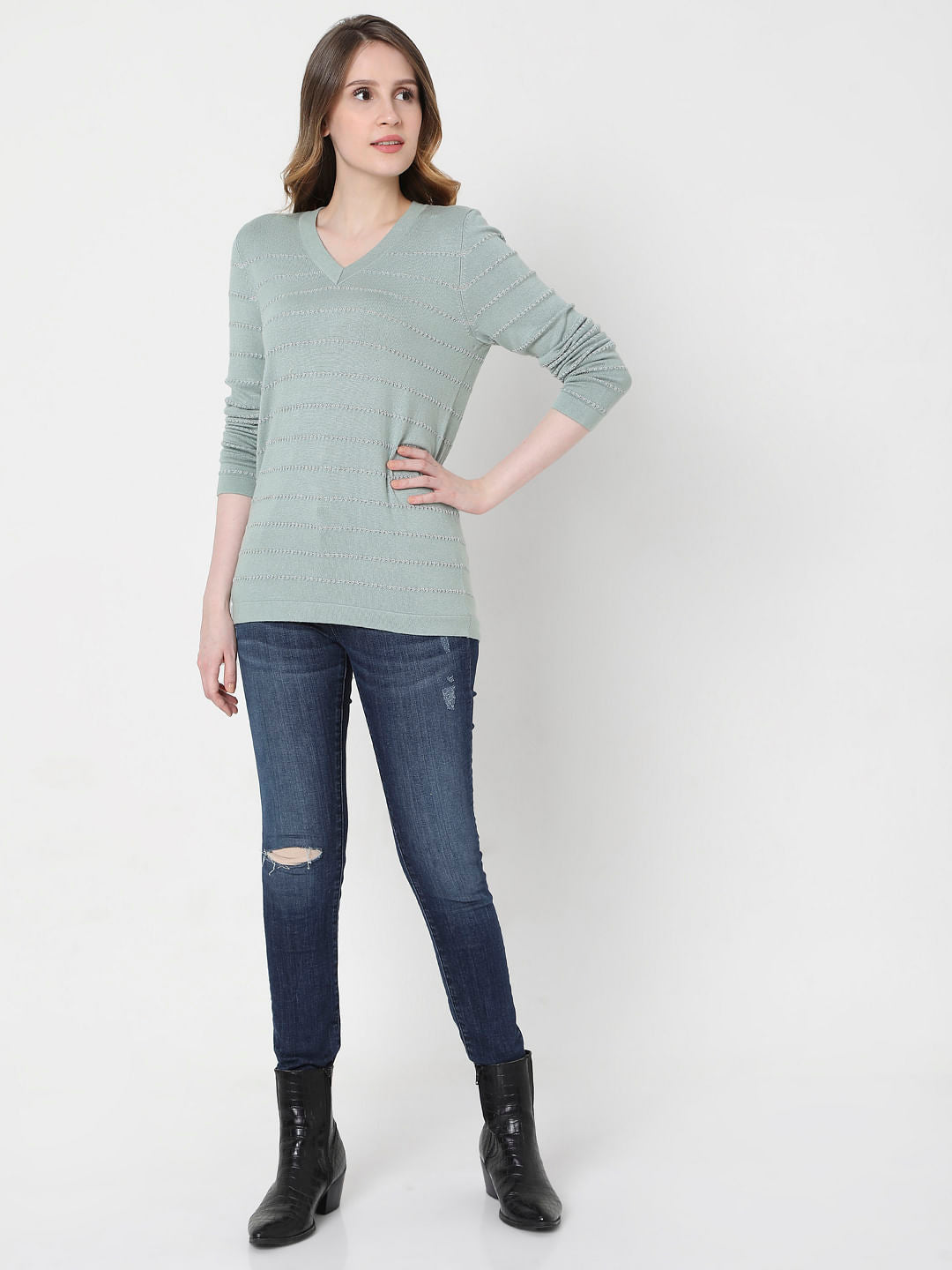 Green Textured Striped Pullover