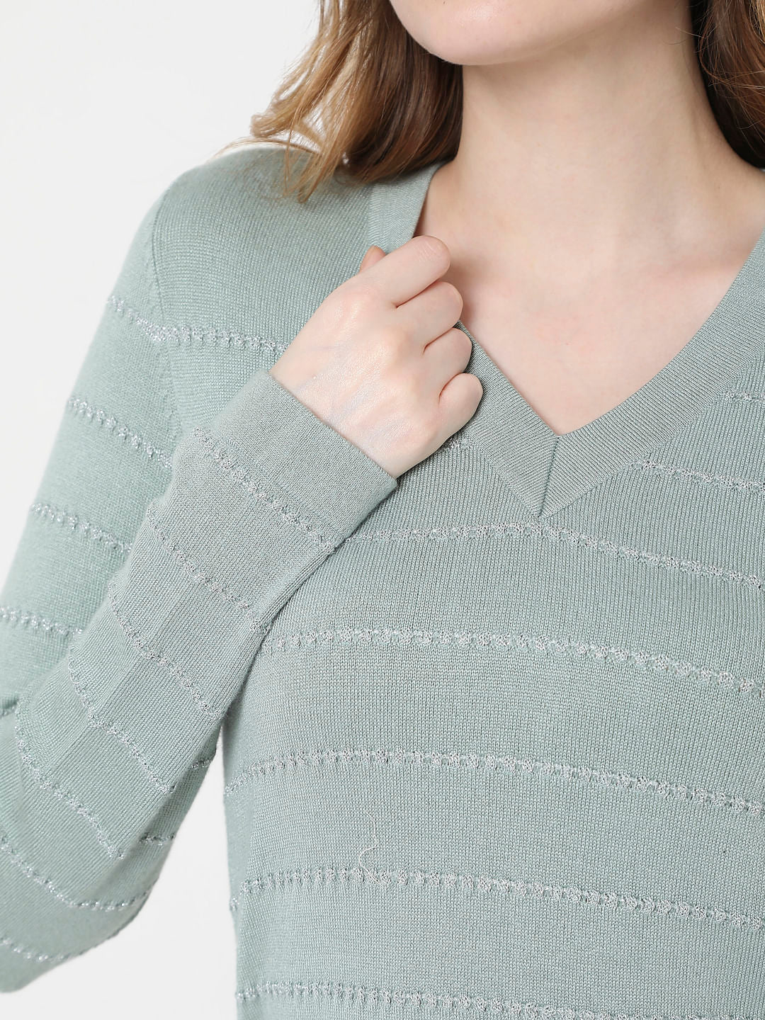 Green Textured Striped Pullover