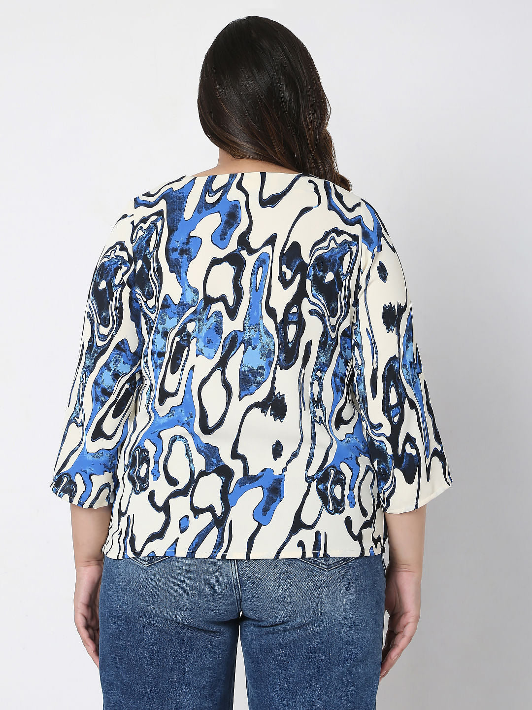 Curve White Abstract Print Top