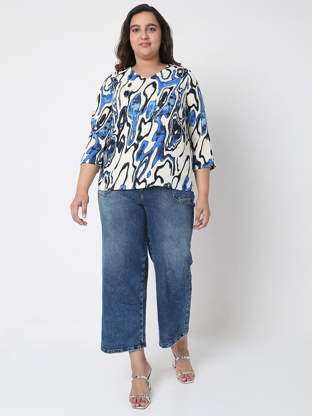 Curve White Abstract Print Top