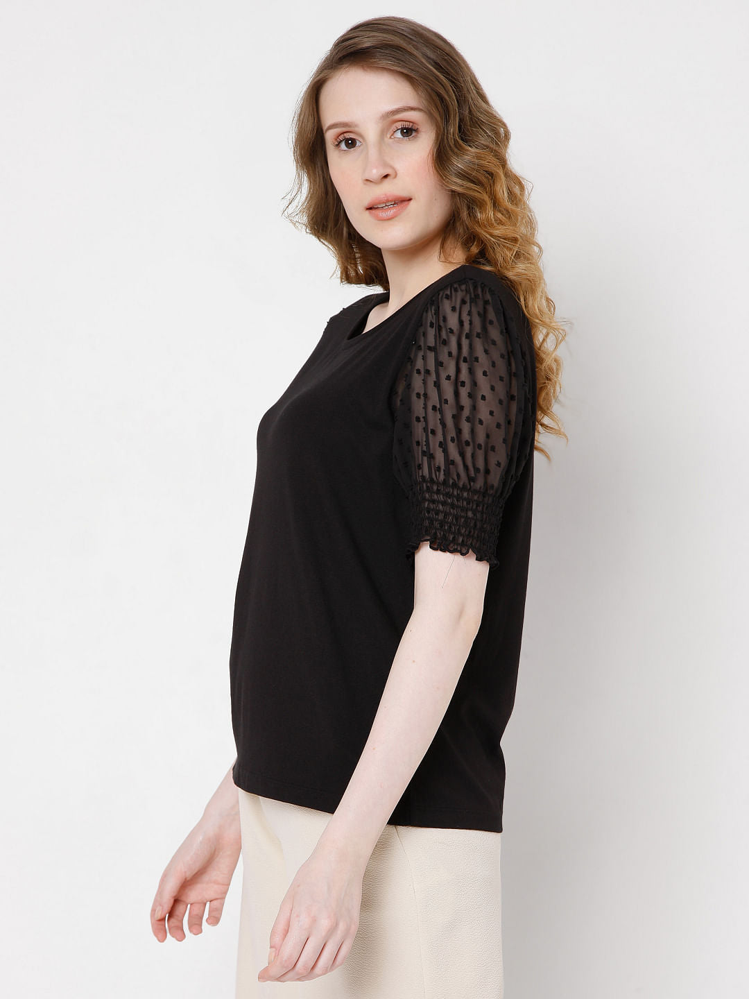 Black Dobby Puff Sleeves Top