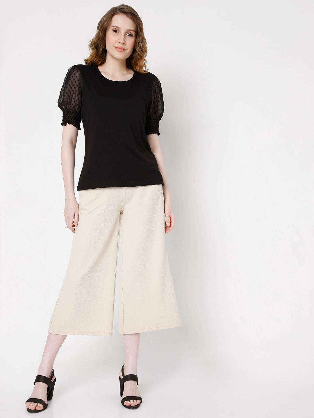 Black Dobby Puff Sleeves Top