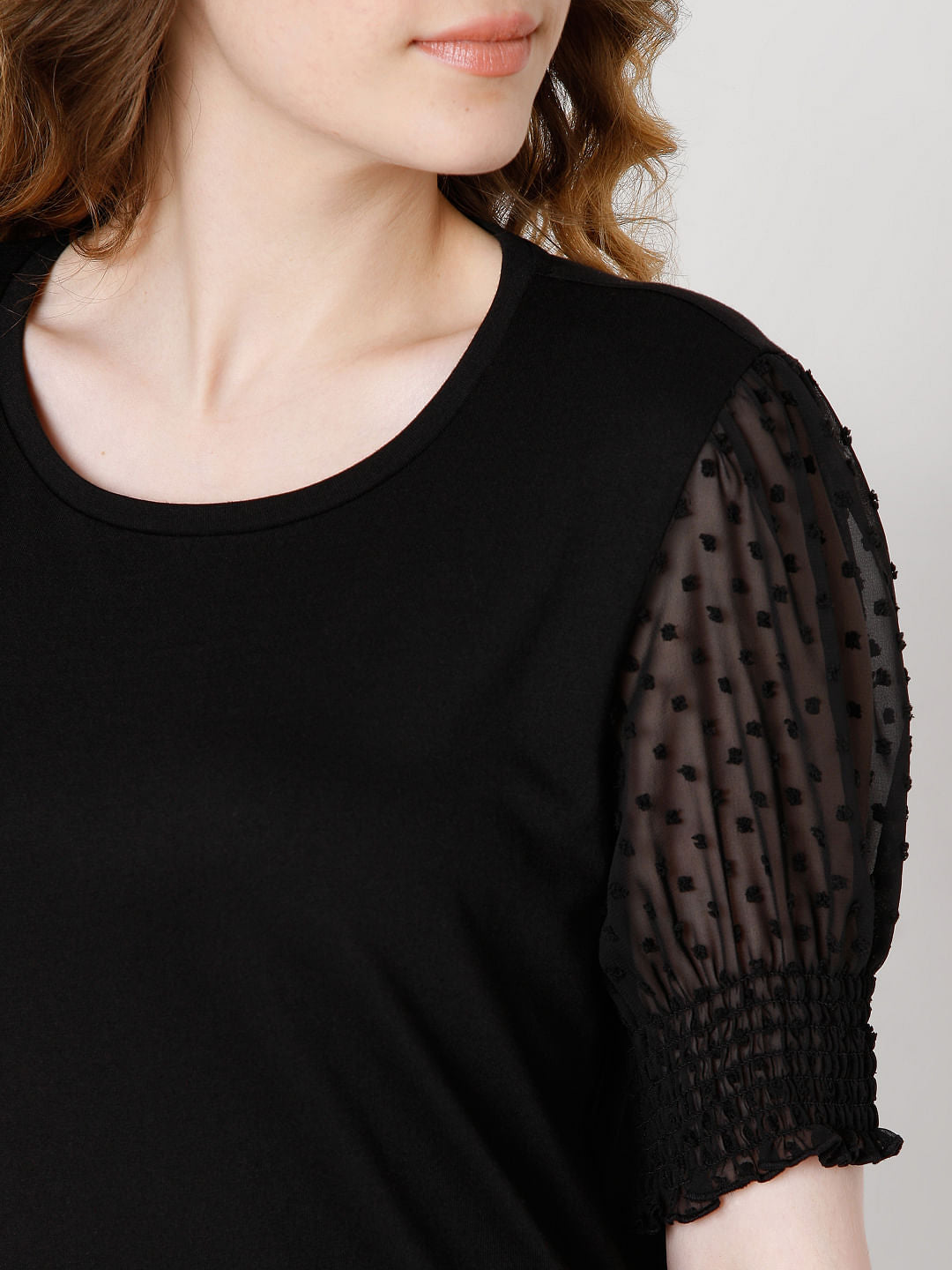 Black Dobby Puff Sleeves Top