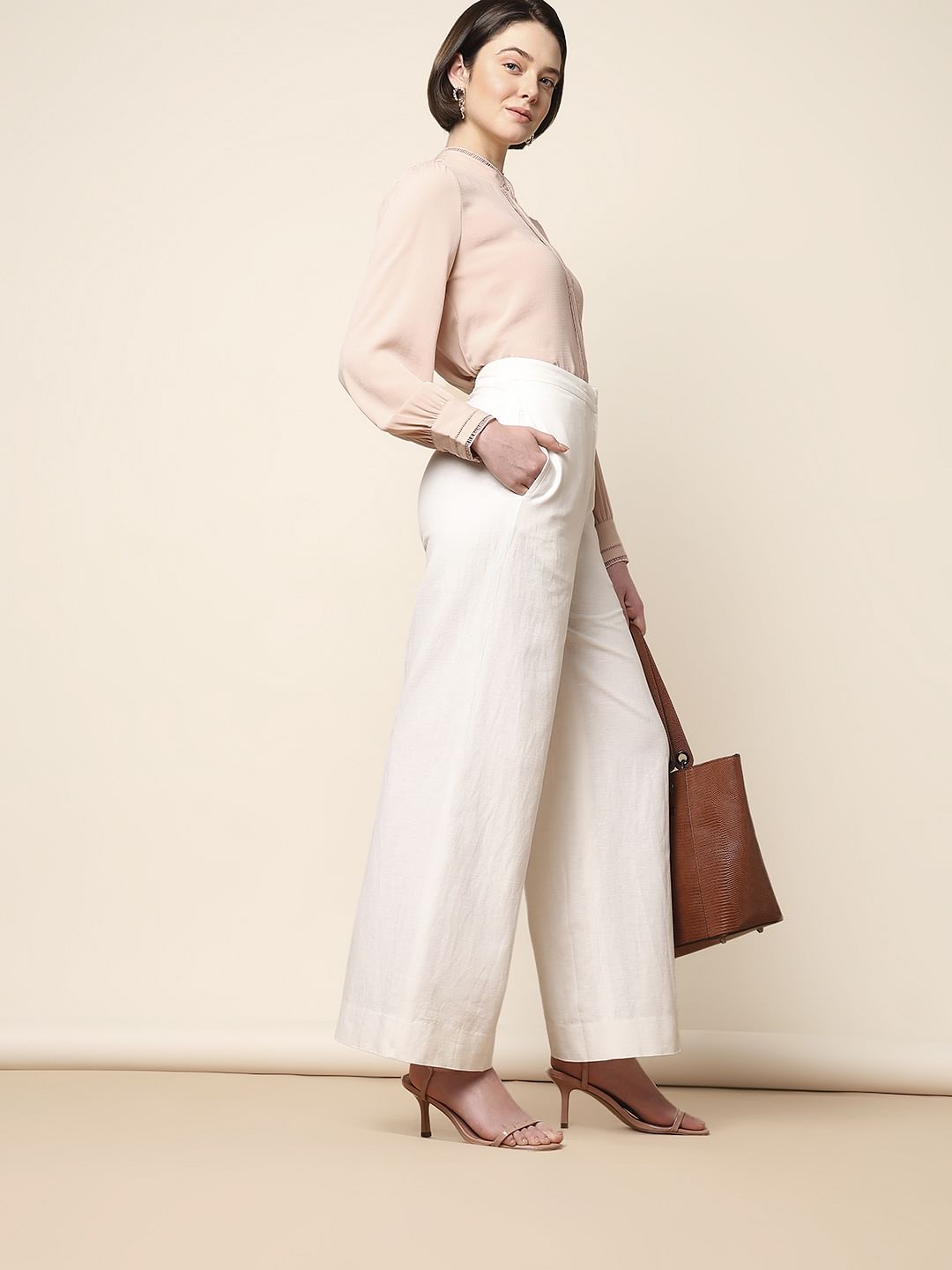 White Mid Rise Flared Pants