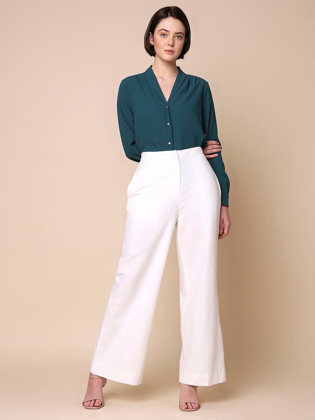 White Mid Rise Flared Pants