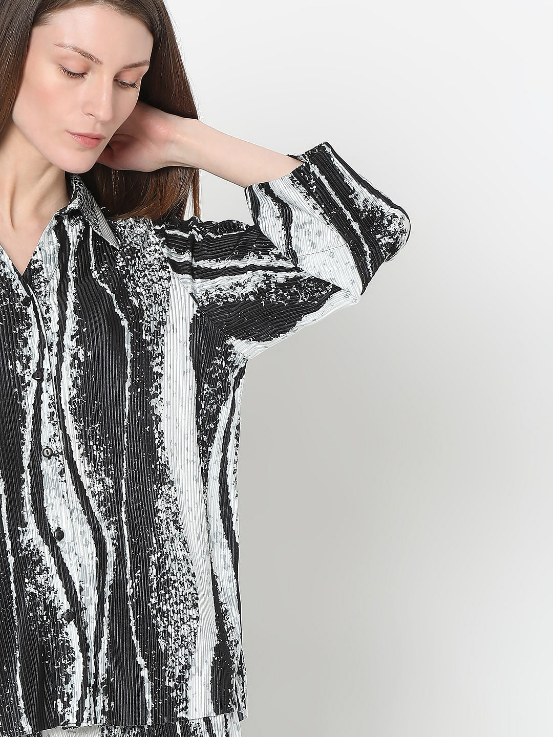 Black Printed Pleated Co-Ord Set Shirt