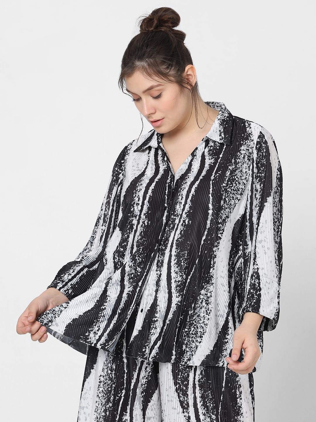 Curve Black Printed Pleated Co-Ord Set Shirt