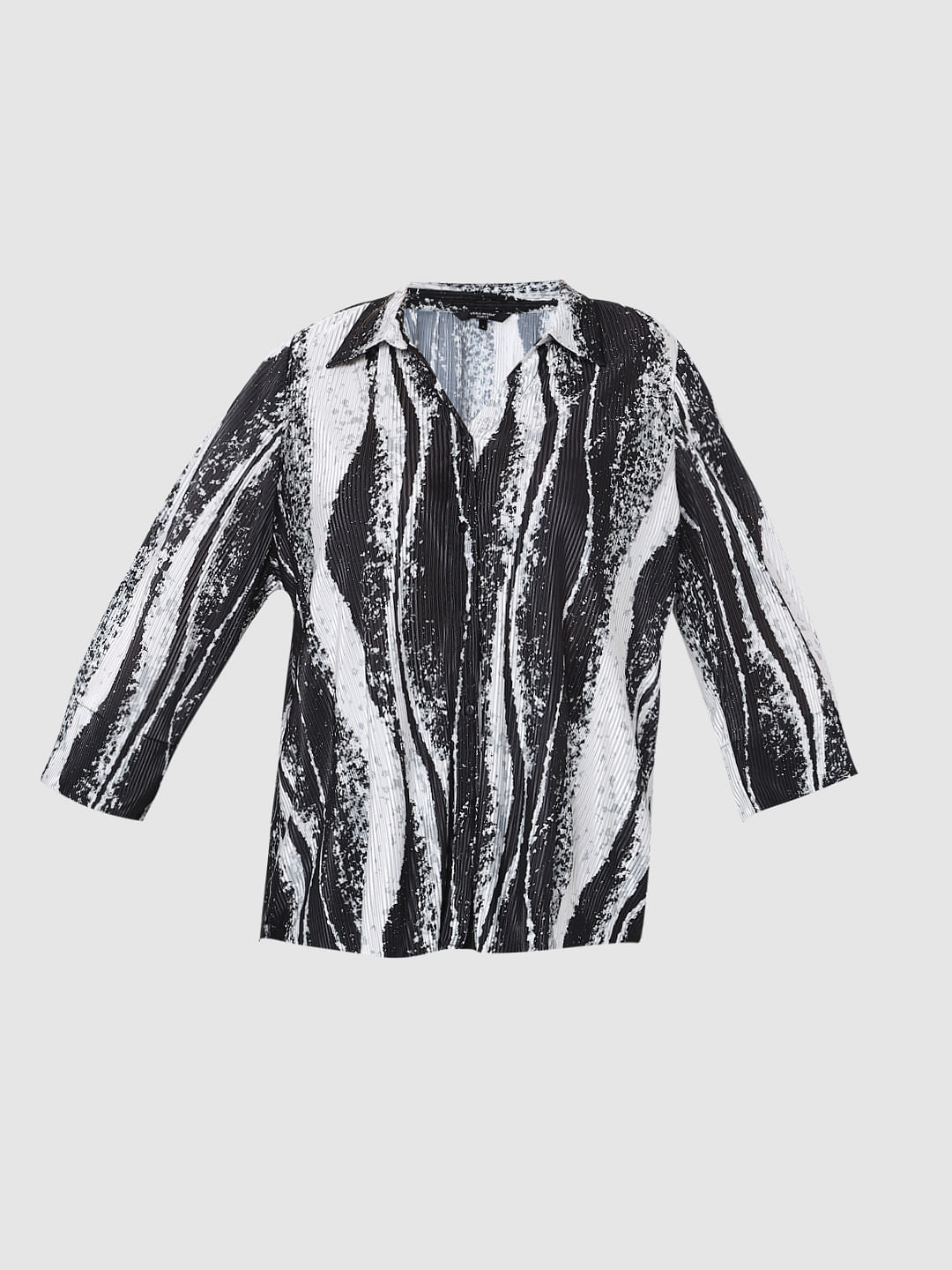 Curve Black Printed Pleated Co-Ord Set Shirt