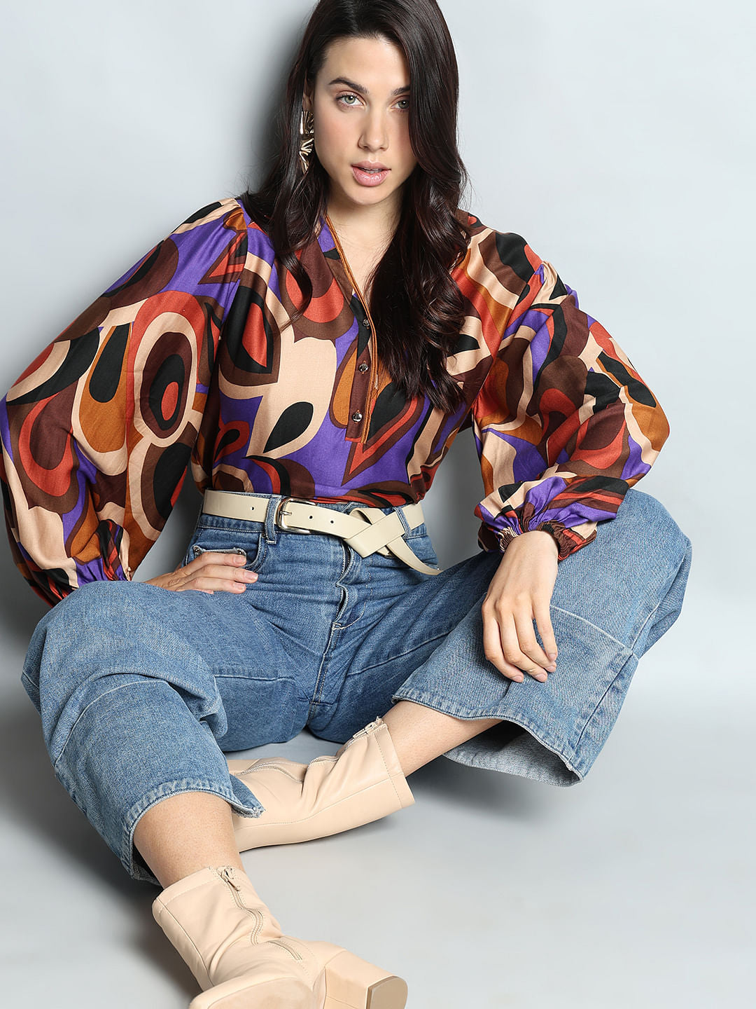 Brown Abstract Print Top