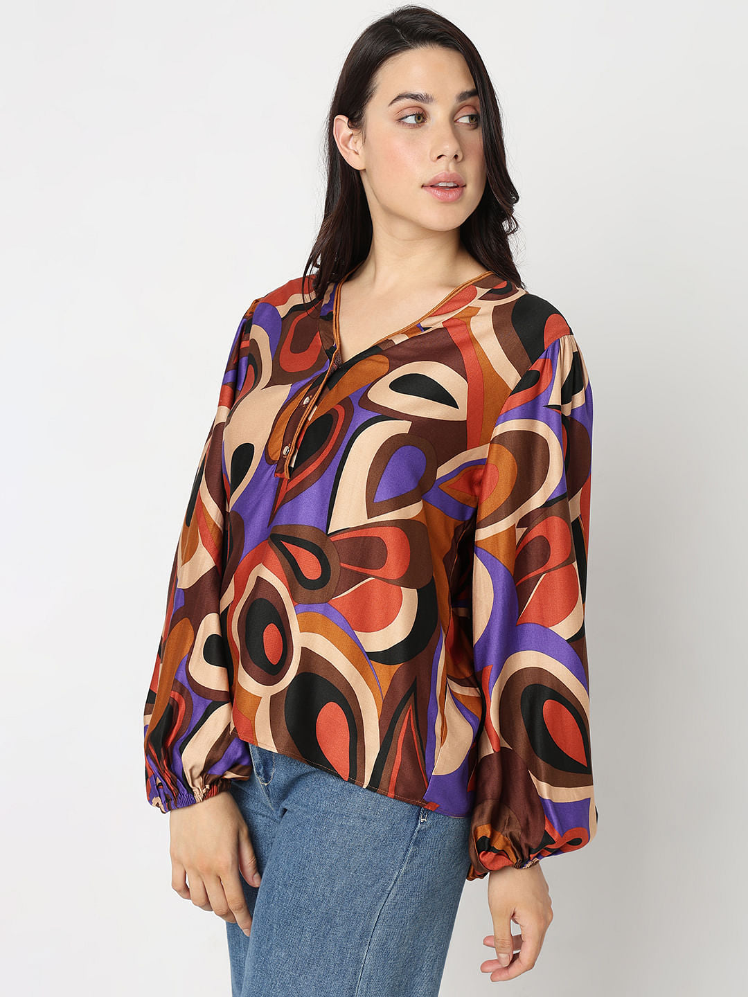 Brown Abstract Print Top