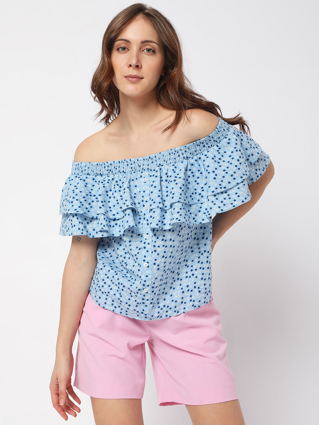 Blue Floral Off Shoulder Top